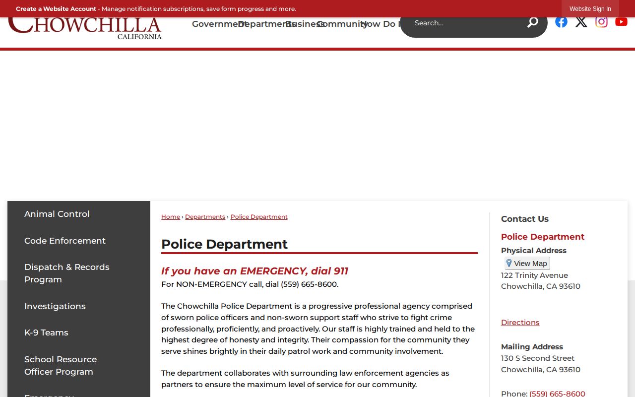Official Chowchilla Police Department webpage with local contact information