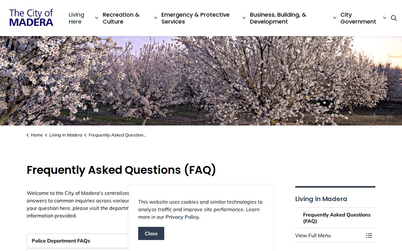 City of Madera frequently asked questions page directing custody searches to Madera County