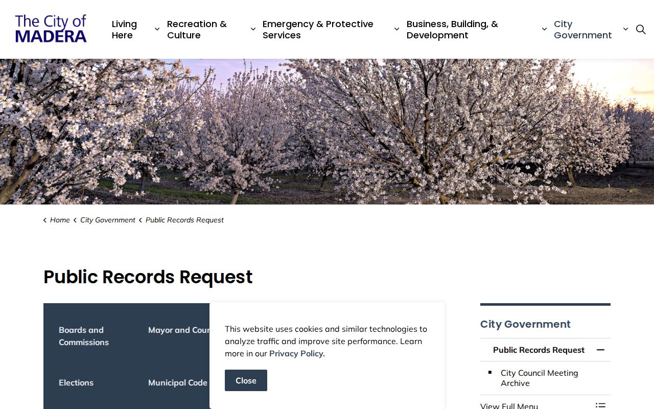 Madera public records request page for city arrest records