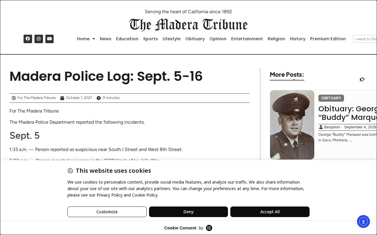 Madera Tribune dated police log article used as a secondary publication example