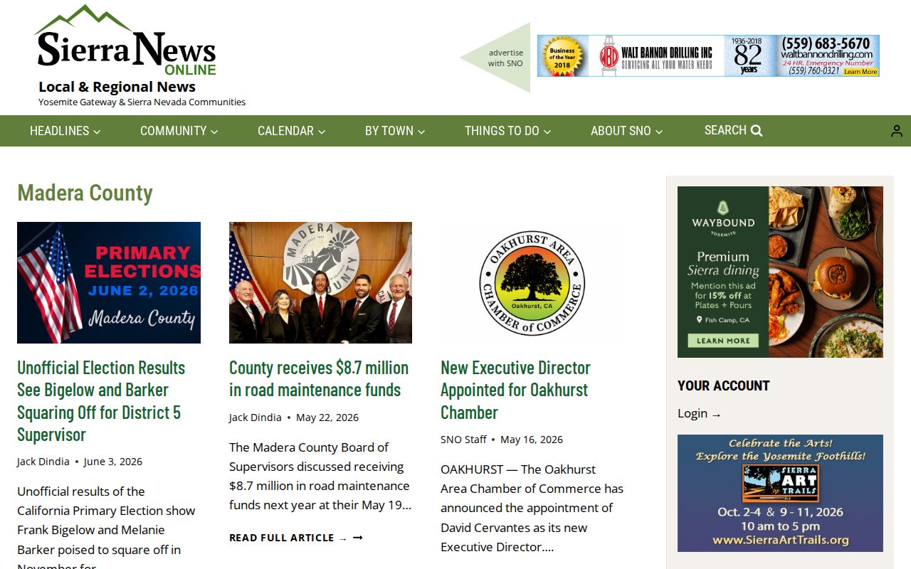 Sierra News Online Madera County tag page showing selected regional news coverage