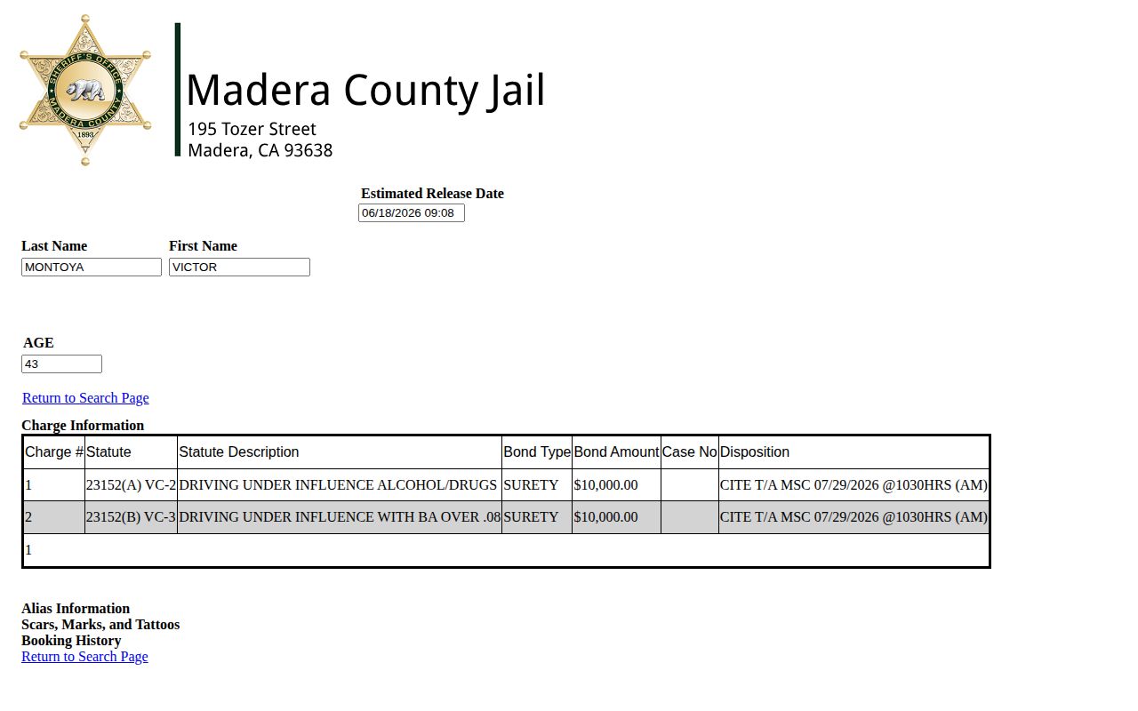 Official Madera County inmate inquiry detail page with booking record fields